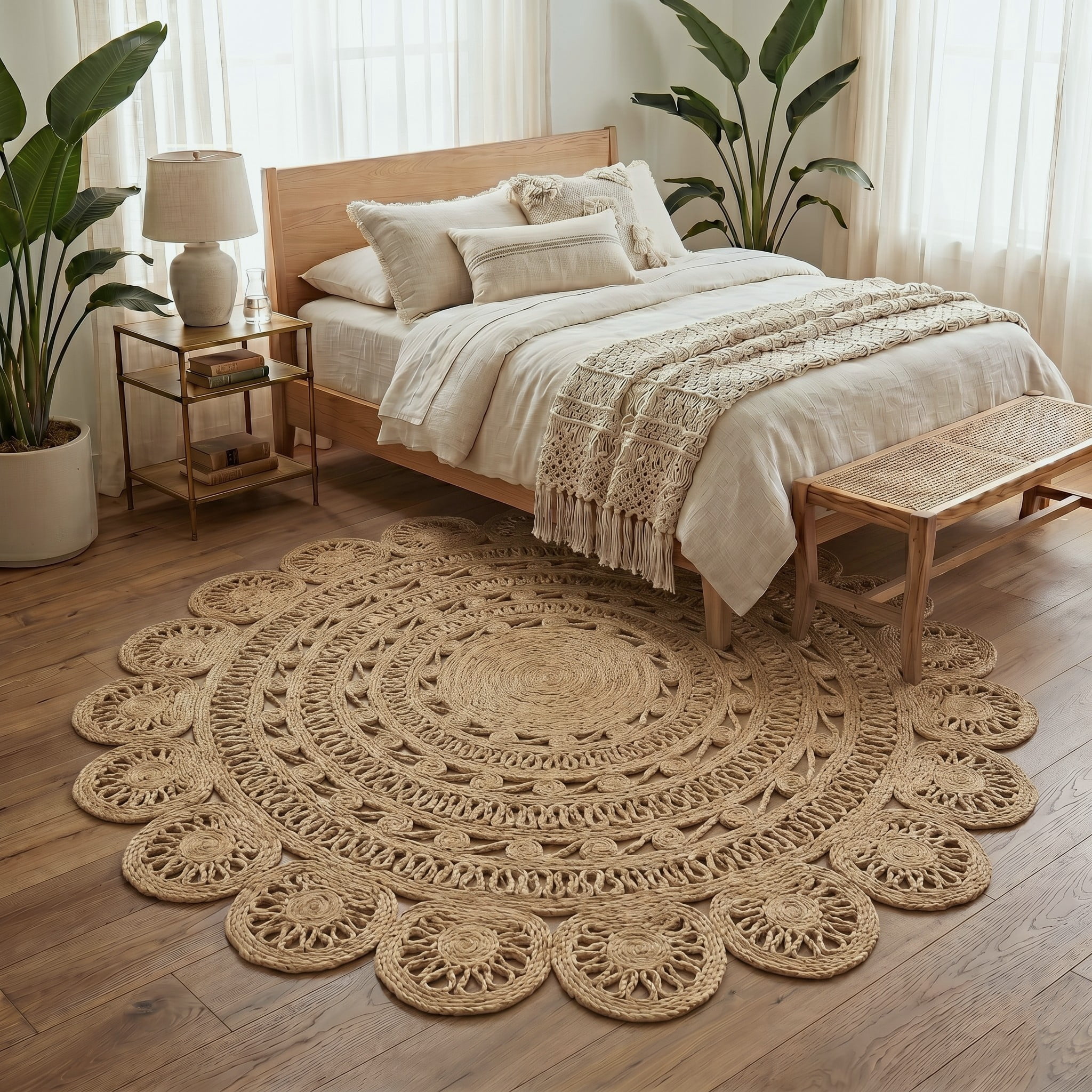 Harlow Hill Cora 8' Round Tan/Beige Geometric Hand Braided Reversible Jute Indoor Area Rug