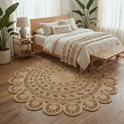 Harlow Hill Cora 6' Round Tan/Beige Geometric Hand Braided Reversible Jute Indoor Area Rug