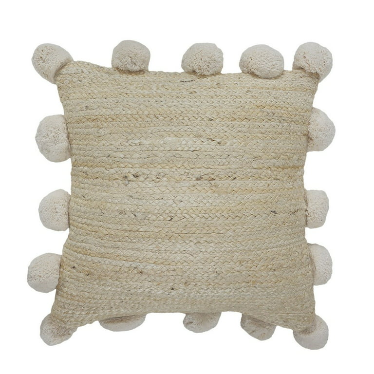 Natural Jute Throw Pillow with Pom Poms Border