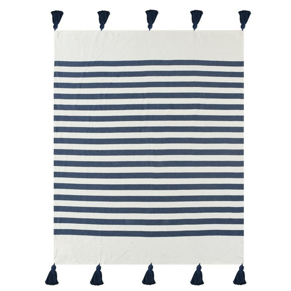 Ox Bay Navy Blue/White Striped Cotton Throw Blanket, 50" x 60"