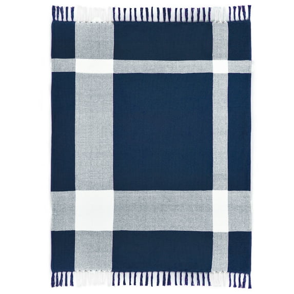 Ox Bay Navy Blue/White Tartan Plaid Cotton Throw Blanket, 50" x 60"