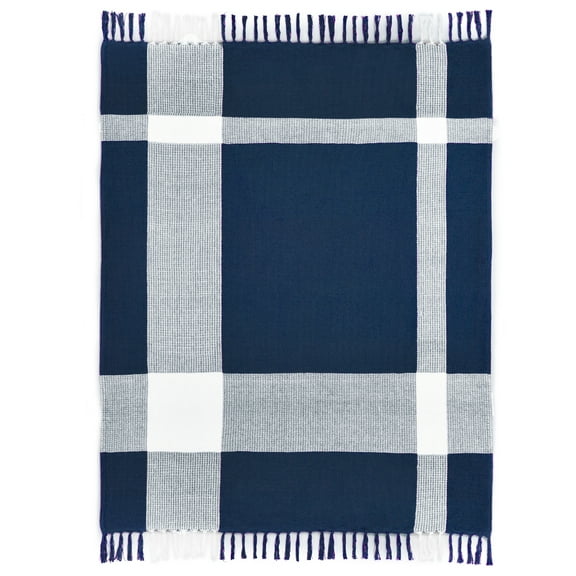 Ox Bay Navy Blue/White Tartan Plaid Cotton Throw Blanket, 50" x 60"