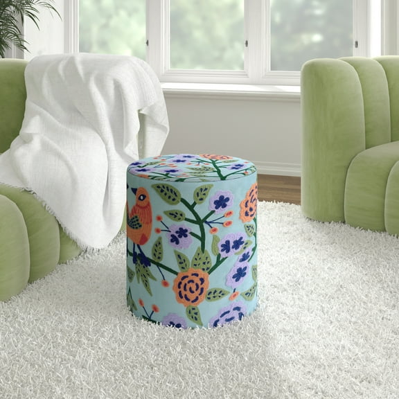 Ox Bay Noah 16" x 16" x 18" Blue/Multi Floral Bird Embroidered Velvet Indoor Ottoman Footstool