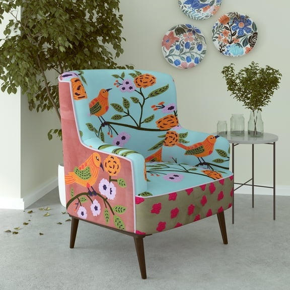 Ox Bay Noah Floral Bird Accent Chair Handmade Velvet Upholstered Chair with Embroidered Details, Blue/Multi, 30x 32 x 33