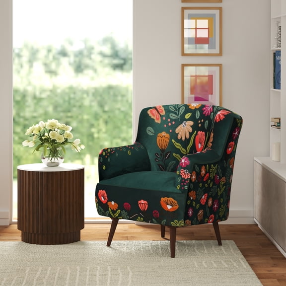 Ox Bay Noah Floral Butterflies Accent Chair Handmade Velvet Upholstered Chair with Embroidered Details, Dark Green, 30x 32 x 33