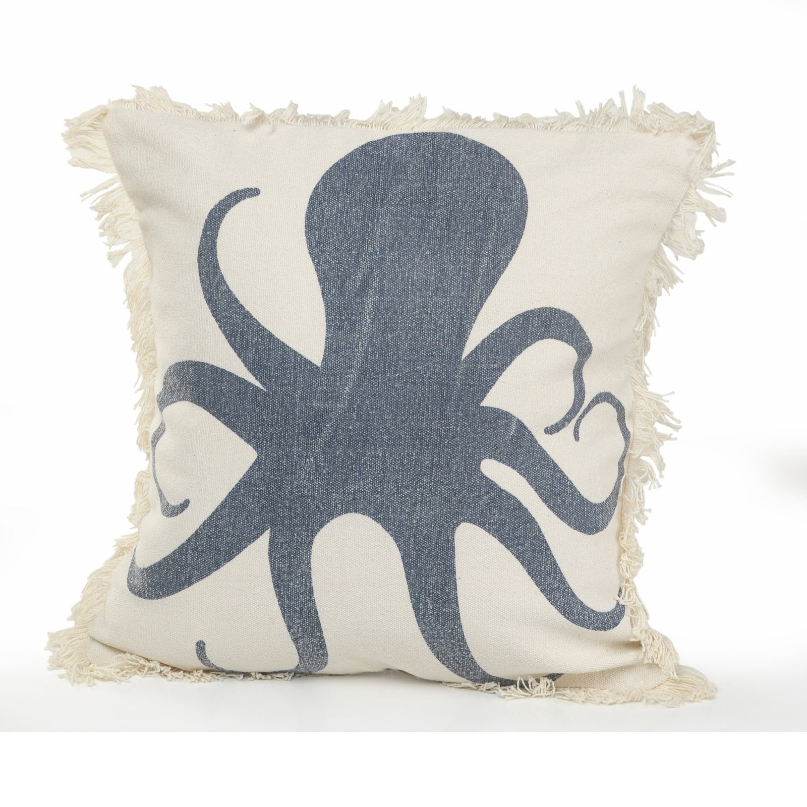Coastal Blue Octopus Fringed Square Cotton Pillow