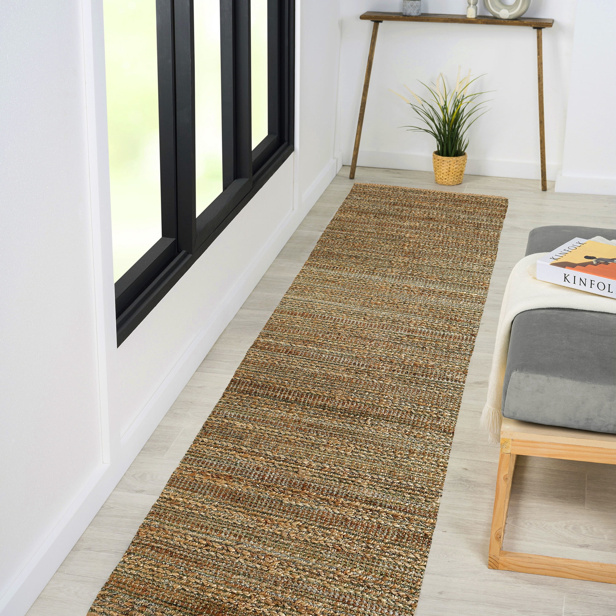 Ox Bay Ollie Striped Transitional Jute Hand-Woven Indoor Runner Rug, Natural jute /smoke green, 2'6" x 7'9"