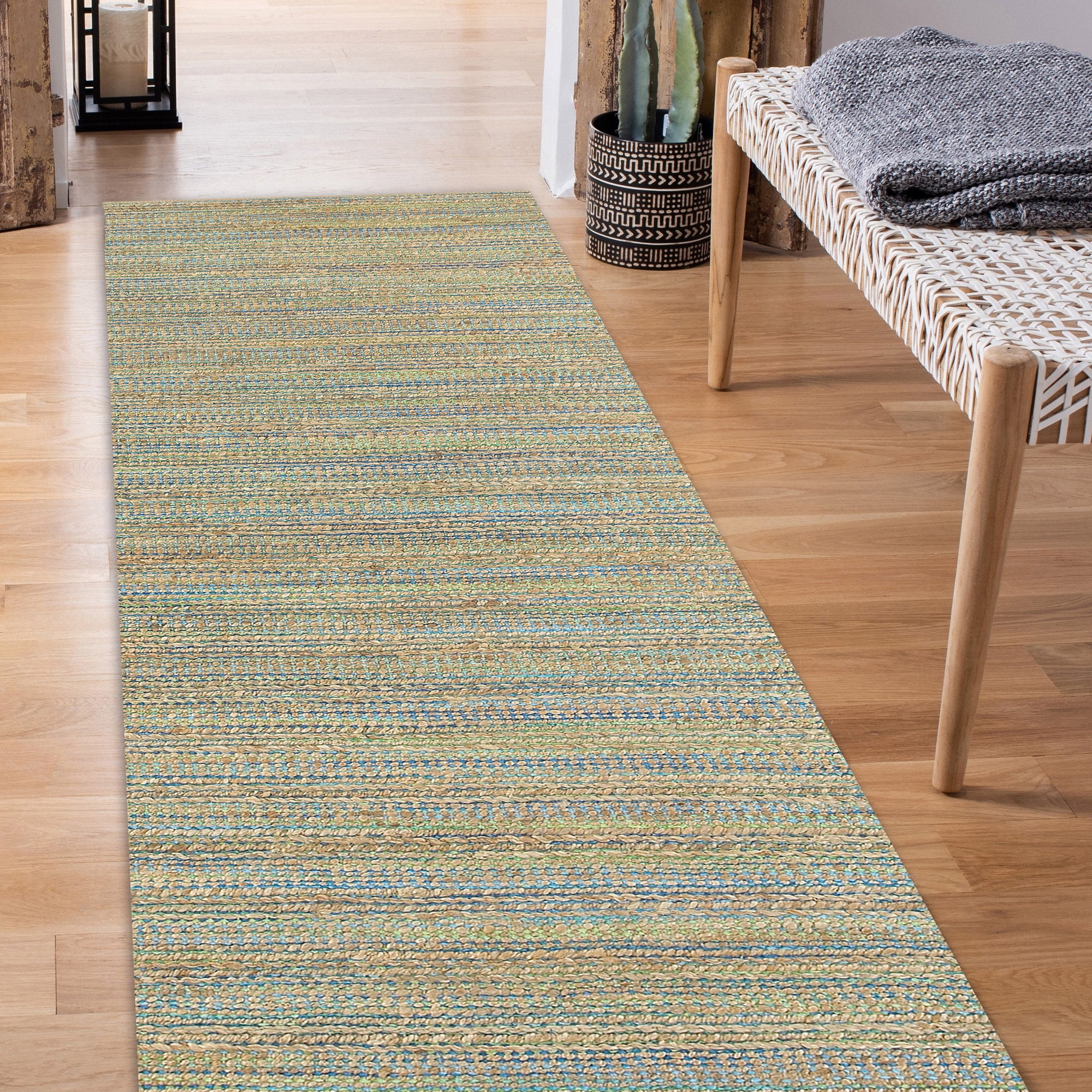 Ox Bay Ollie Striped Transitional Jute Hand-Woven Indoor Runner Rug, Tan/Blue/Green, 2'6" x 7'9"