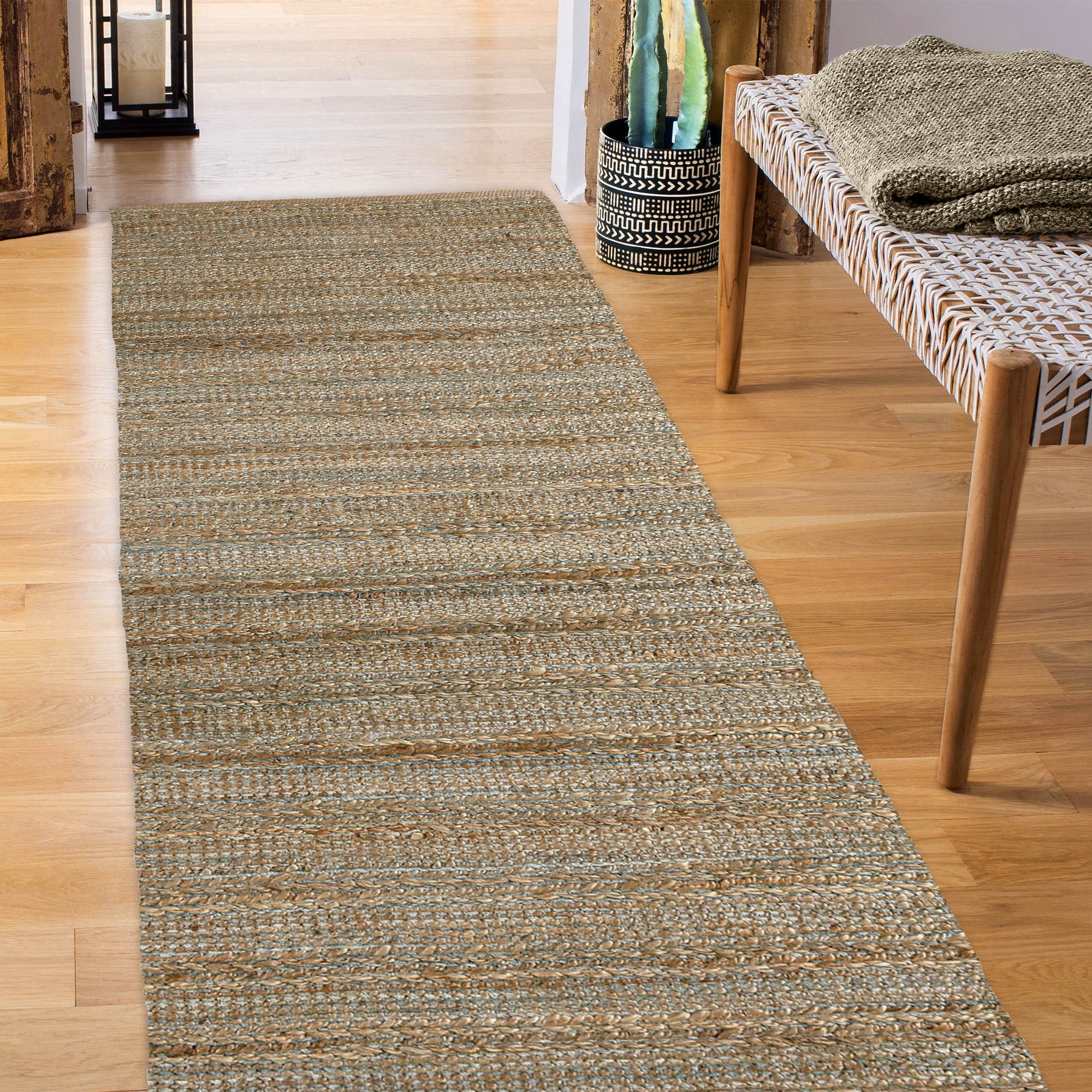 Ox Bay Ollie Striped Transitional Jute Hand-Woven Indoor Runner Rug, Tan/Teal/Gray, 2'6" x 7'9"