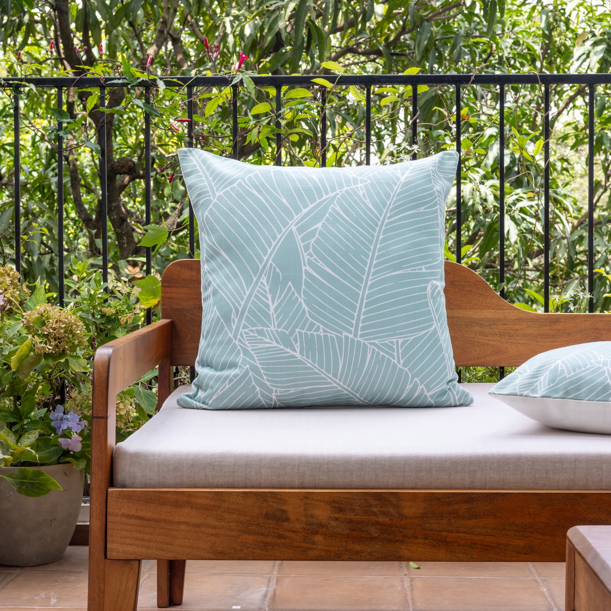 Ox Bay Olympia 18" x 18" Spa Blue/White Palm Leaf Tropical Indoor/Outdoor Decorative Throw Pillow Cover
