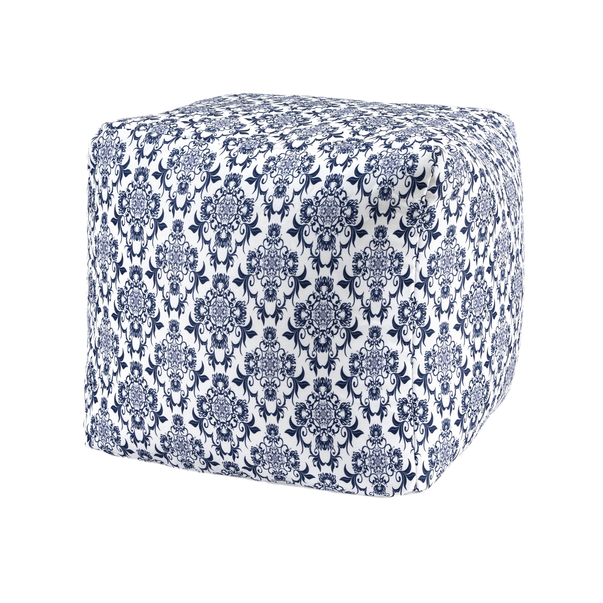 Ox Bay Orlando Blue/White Damask Medium Square Indoor Pouf Ottoman, 18" H x 18" W