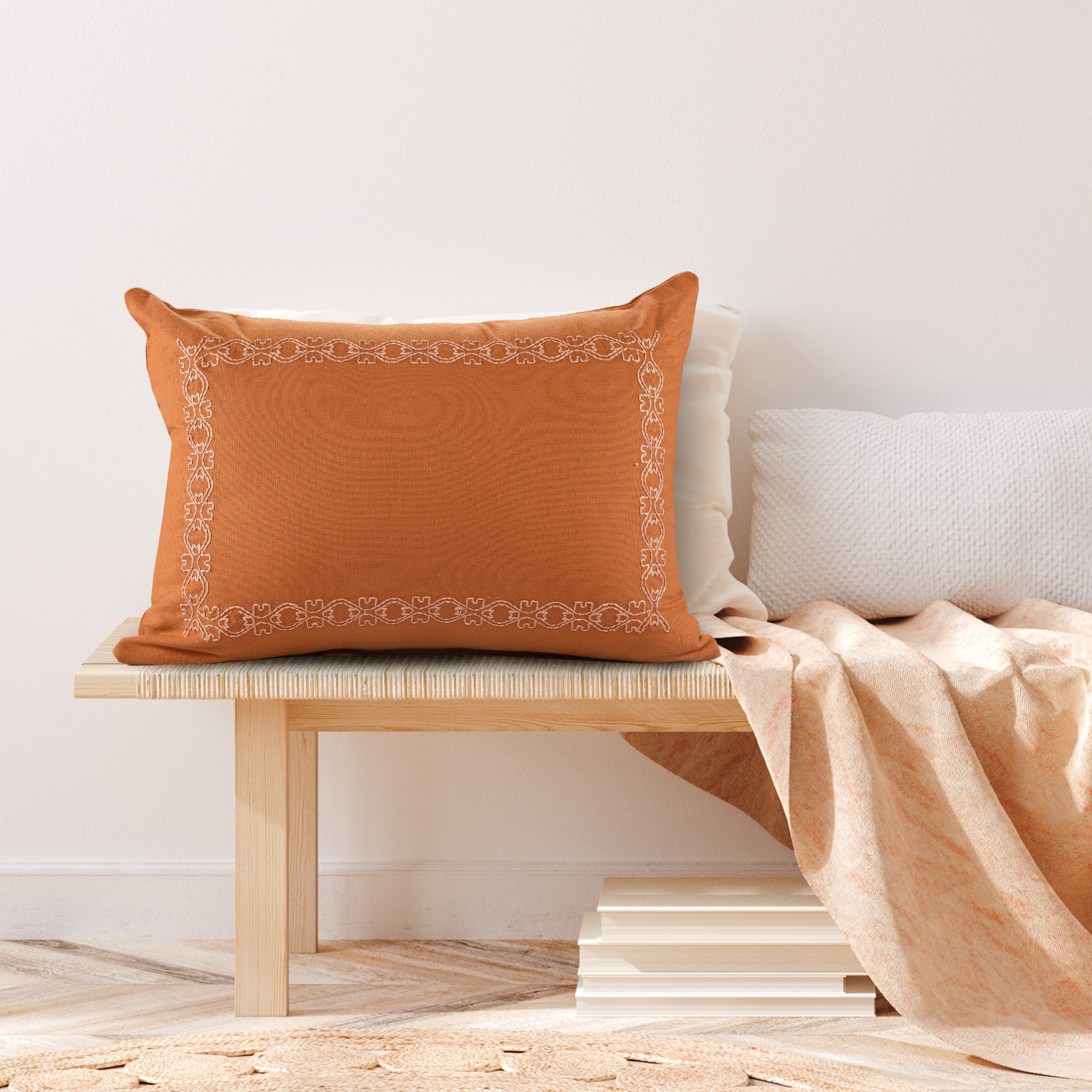 Ox Bay Oron Casual Farmhouse Cotton Lumbar Pillow, Cinnamon/White, 16" x 24"