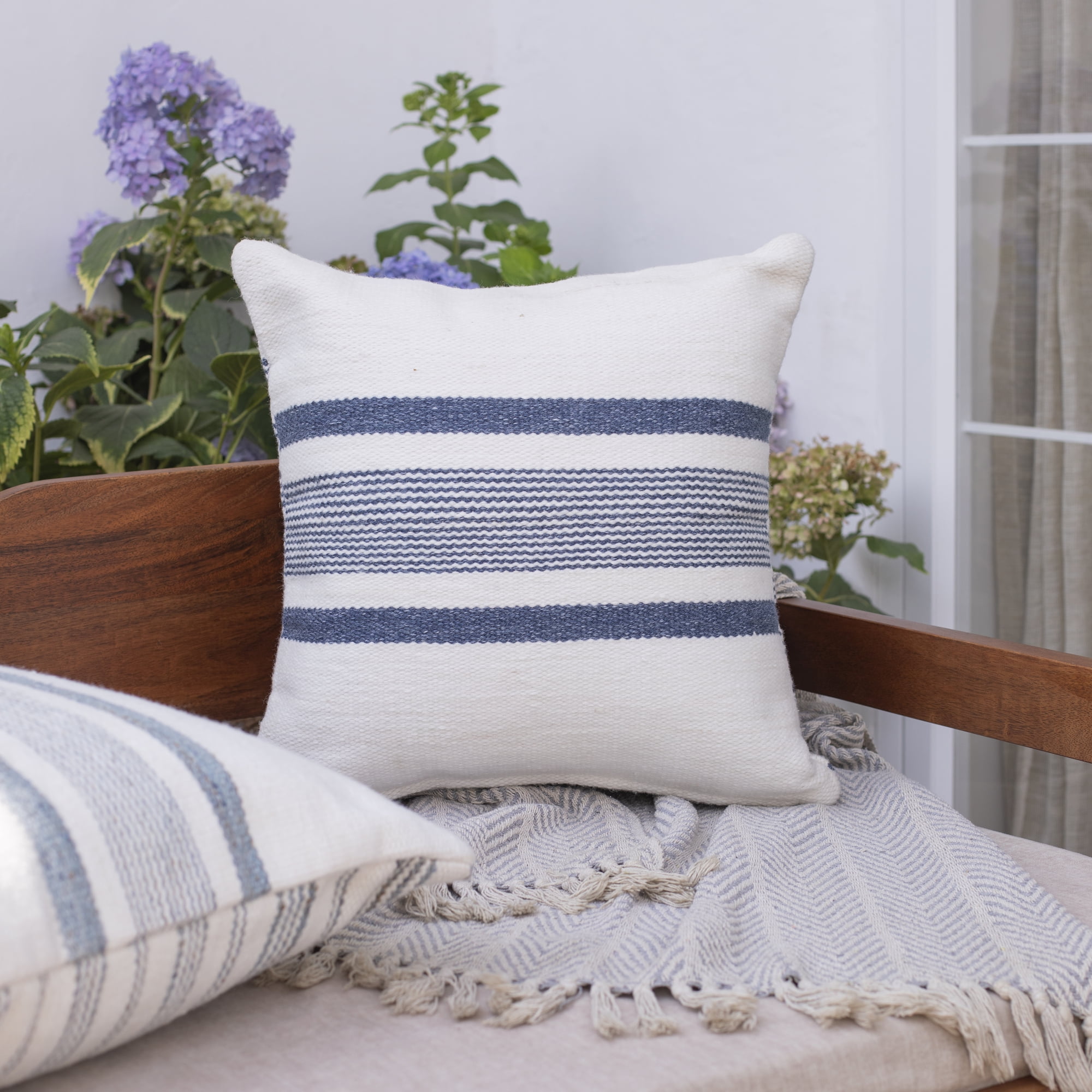 Ox Bay Petra 20" x 20" Navy/White Striped Reversible Indoor/Outdoor Adult Decorative Throw Pillow