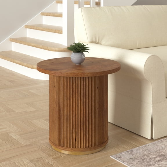 Ox Bay Philippa Modern Hard Wood Hand Made Indoor Round Side Table, Brown/Brass, 22" Diameter x 20" H