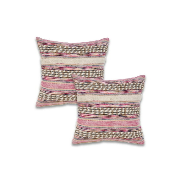 LR Home Chindi Cotton Blend Pillow Set of 2 in Pink/Ivory, 18" x 18"