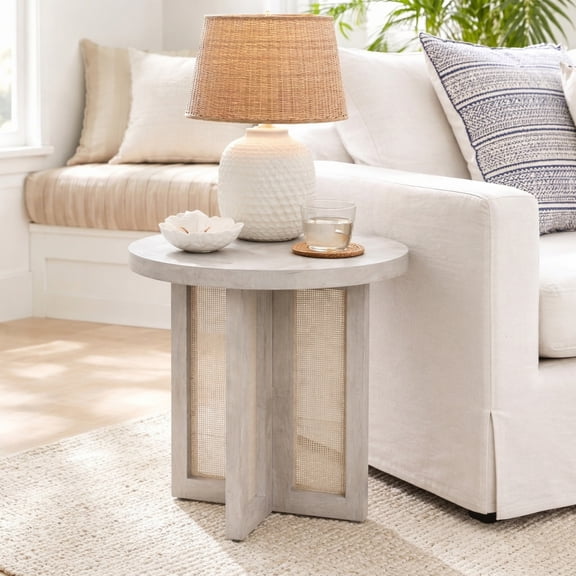 Ox Bay Priya Coastal Hard Wood Hand-Made Indoor Round Side Table, White, 22" Diameter x 22" H