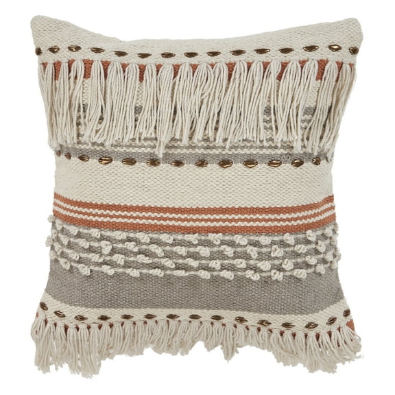 Ox Bay Qasim 18" x 18" Beige/Orange Fringe Striped Cotton Adult Decorative Throw Pillow Cover