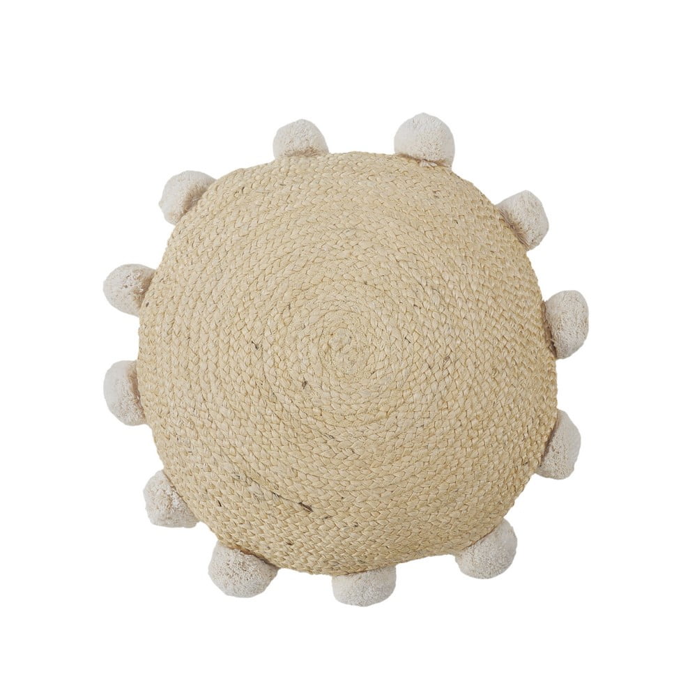 Ox Bay Quade 20" x 20" Natural Solid Jute Pom Pom Bordered Round Adult Decorative Throw Pillow Cover