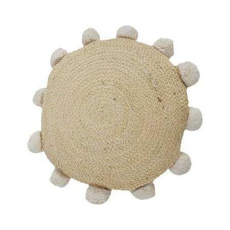 Ox Bay Quade 20" x 20" Natural Solid Jute Pom Pom Bordered Round Adult Decorative Throw Pillow