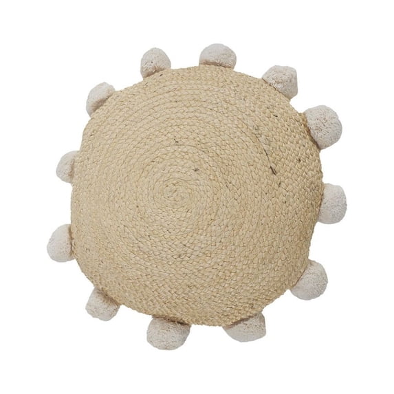 Ox Bay Quade 20" x 20" Natural Solid Jute Pom Pom Bordered Round Adult Decorative Throw Pillow
