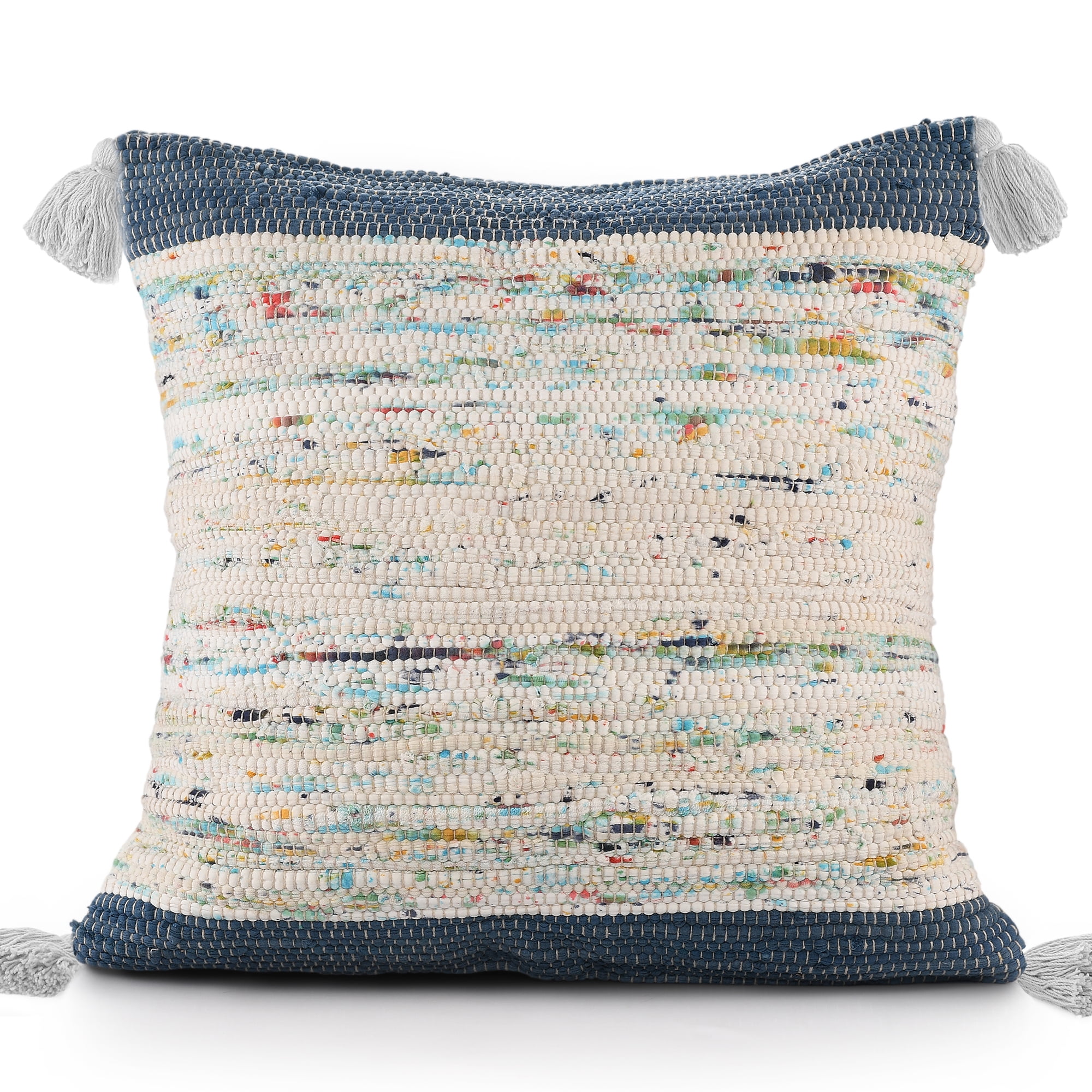 Revive Handwoven Blue and Multicolor Cotton Throw Pillow, 20" x 20"