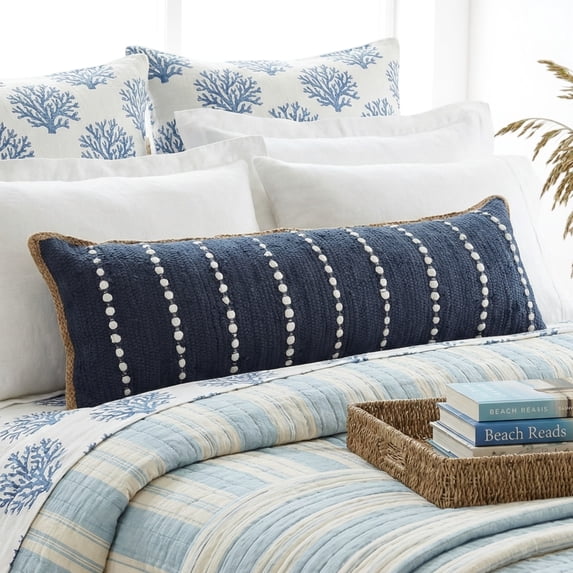 Laddha Home Designs Handwoven Flanged Border Striped Cotton Lumbar Pillow Cover - 36" - Blue and