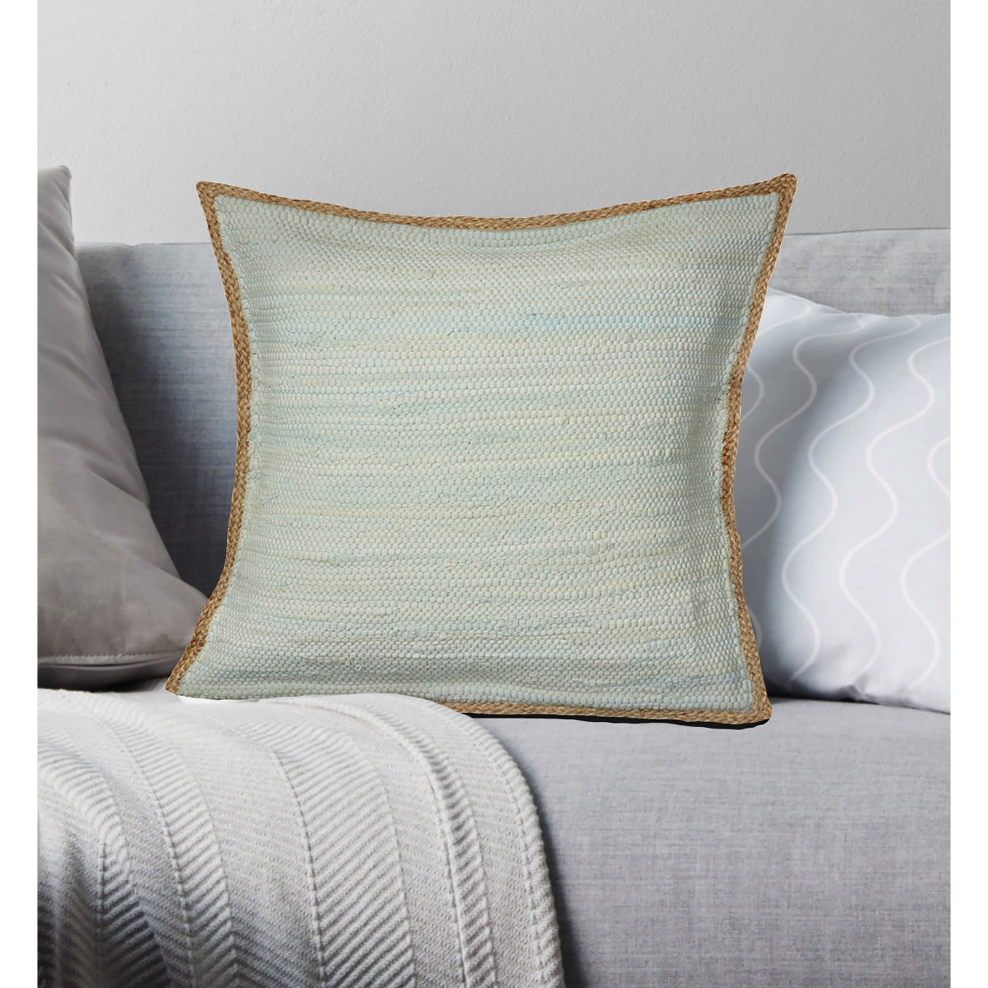 Laddha Home Designs Handwoven Flanged Border Cotton Throw Pillow Cover - 20" - Blue and Tan