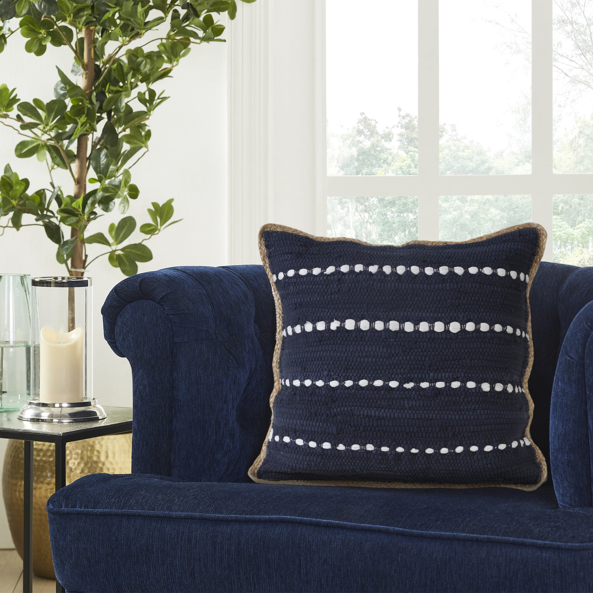Laddha Home Designs Handwoven Flanged Border Striped Cotton Throw Pillow Cover - 20" - Blue and