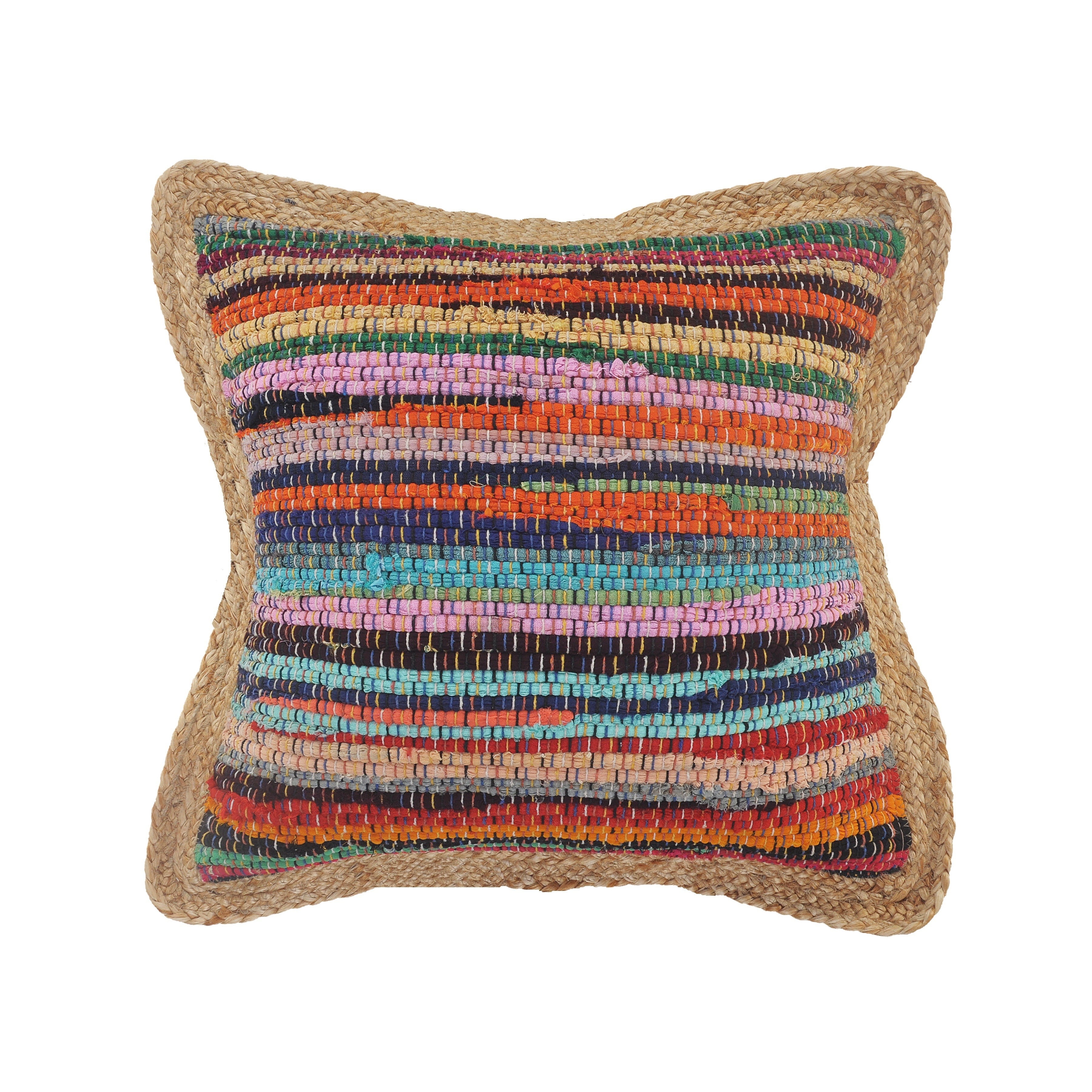 Multicolor Chindi Cotton and Jute Border 20" Square Throw Pillow