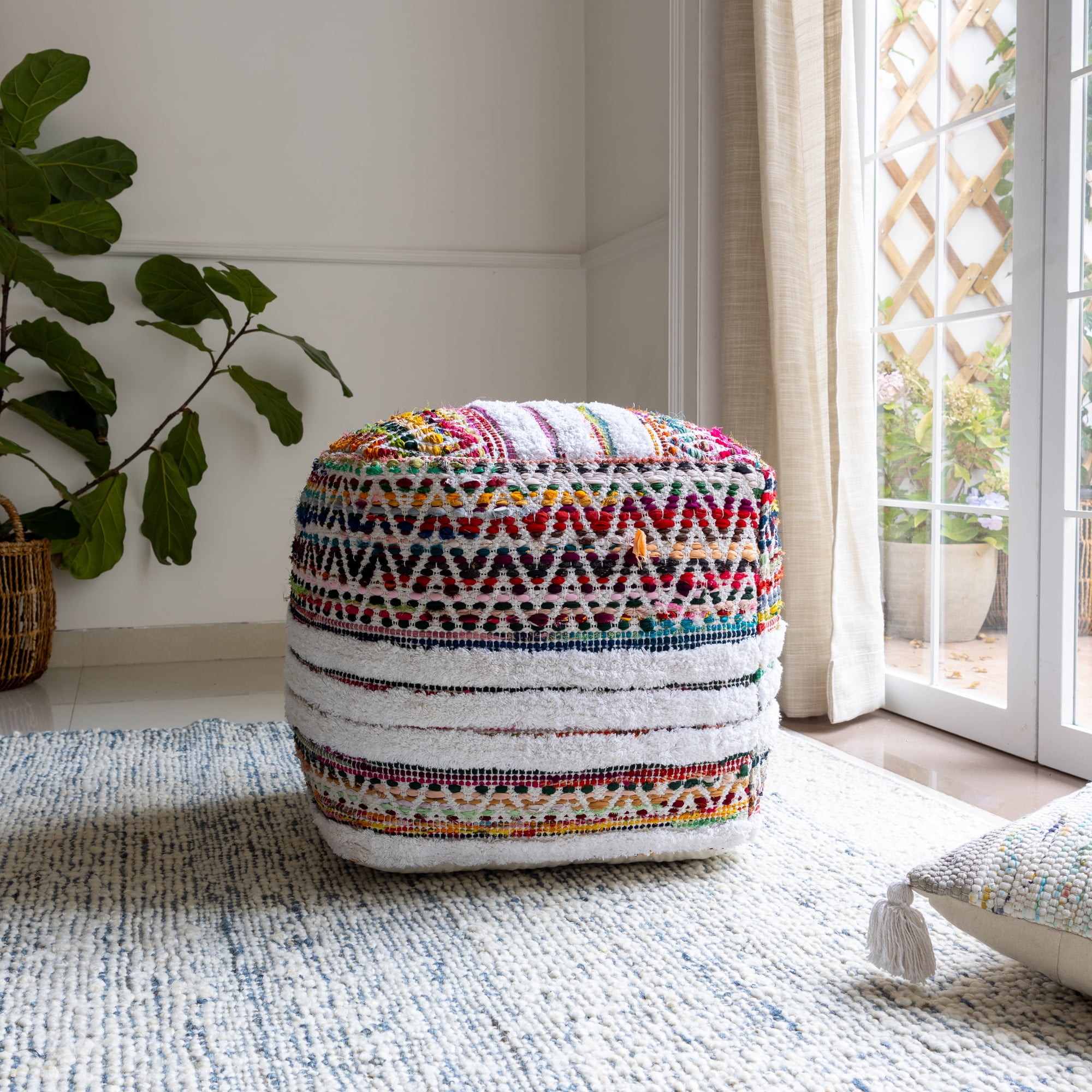 Ox Bay Roma Chindi/White Chevron Striped Medium Square Indoor Pouf Ottoman, 18" H x 18" W