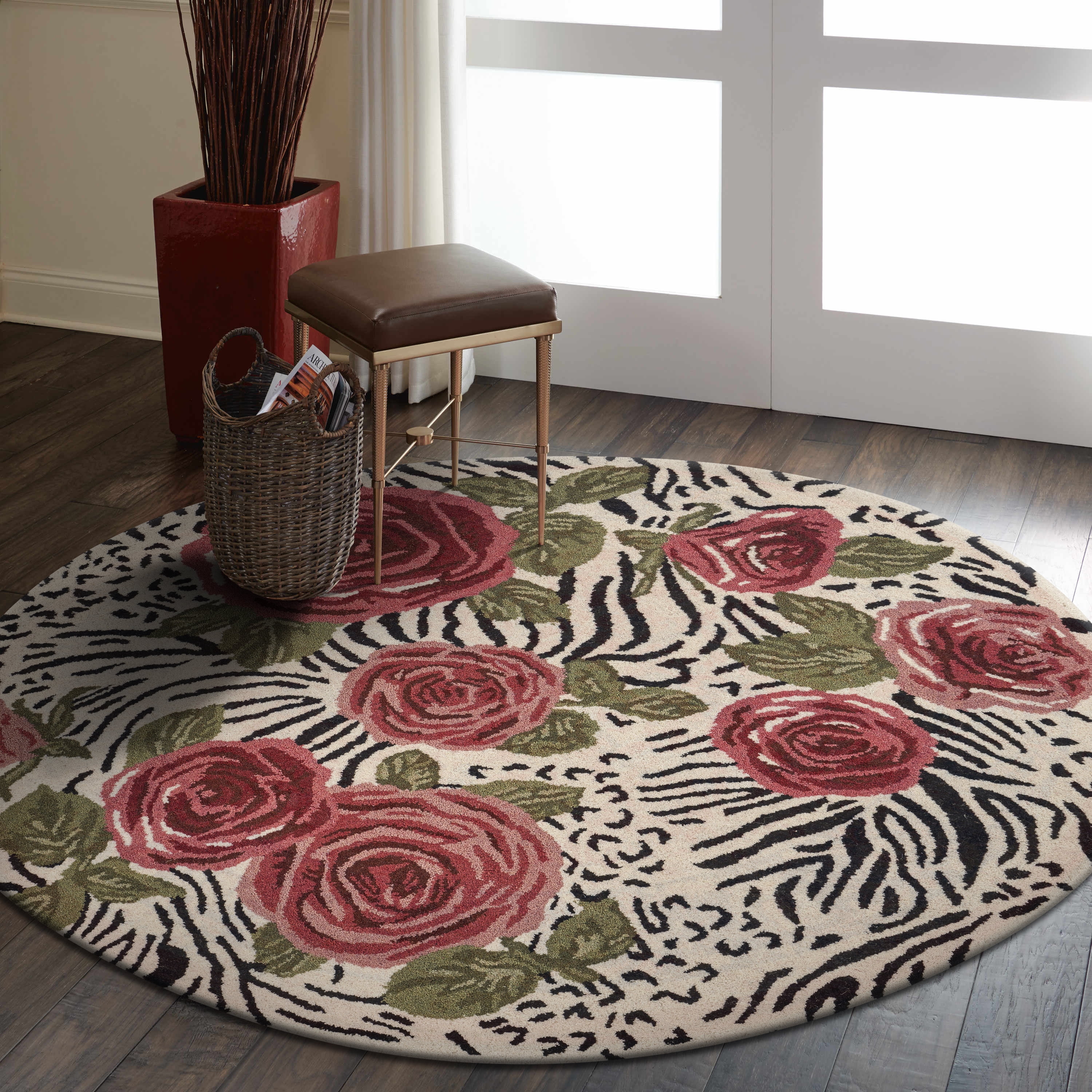 Ox Bay Talia 4' Round Ivory/Black Animal Print with Roses Wool Indoor Area Rug