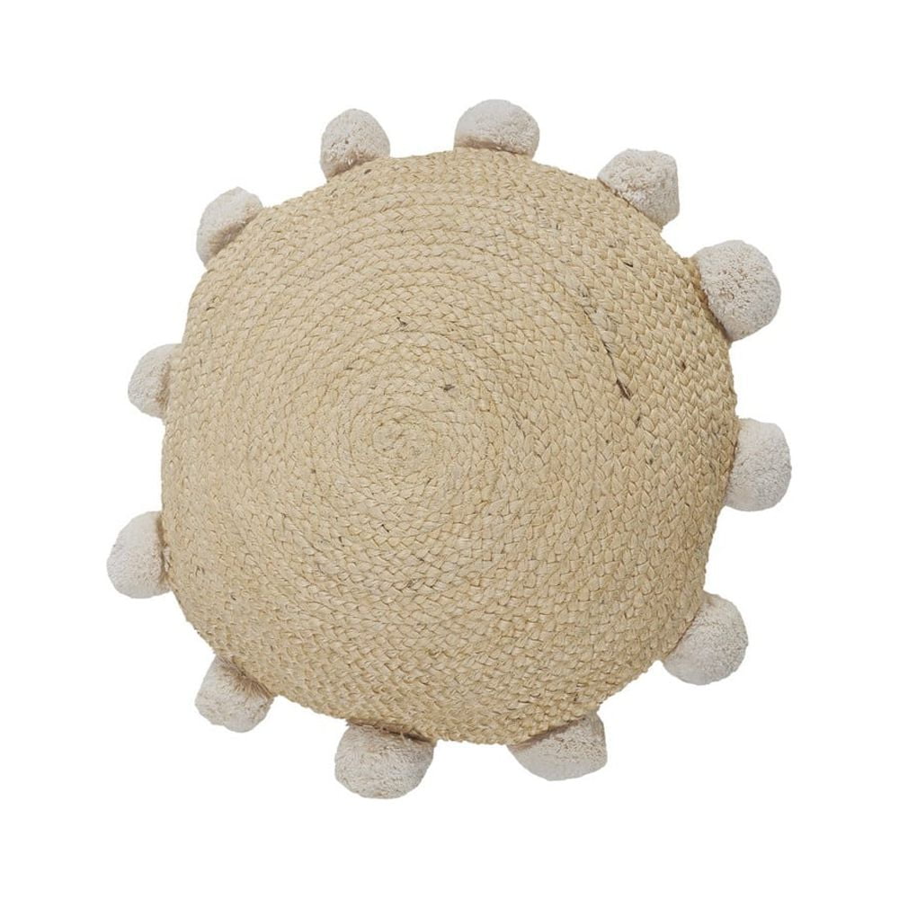 Natural Jute Throw Pillow with Pom Poms Border