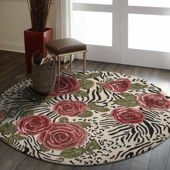 Ox Bay Talia 6' Round Ivory/Black Animal Print with Roses Wool Indoor Area Rug