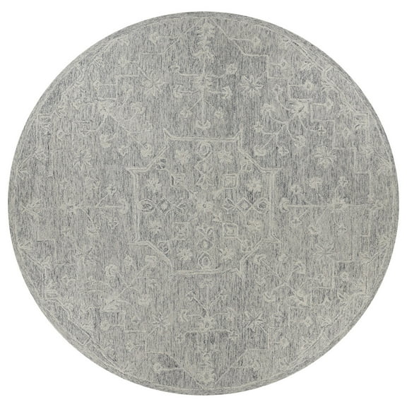 LR Home Sage 7'9" Round Gray/Ivory Floral Wool Indoor Area Rug