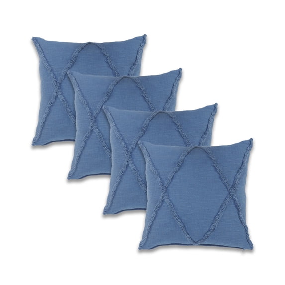 Ox Bay Sara Set of 4 Shag Diamond 18" x 18" Coronet Blue Cotton Adult Decorative Throw Pillow Covers