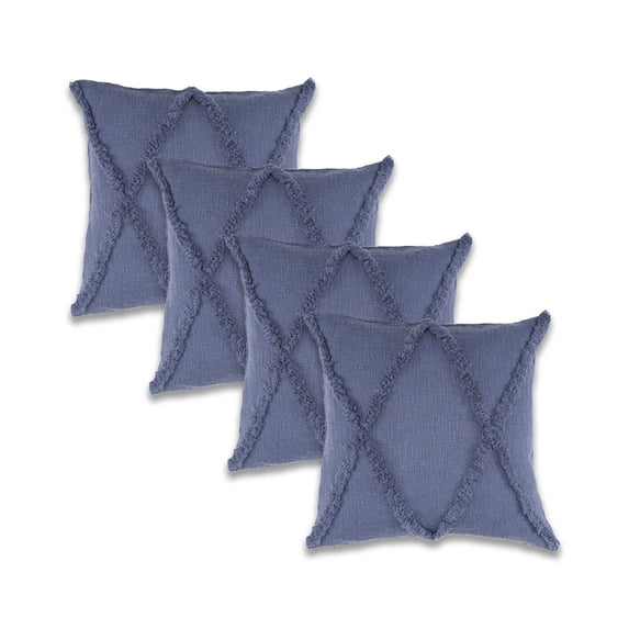 Ox Bay Sara Set of 4 Shag Diamond 18" x 18" Denim Cotton Adult Decorative Throw Pillows