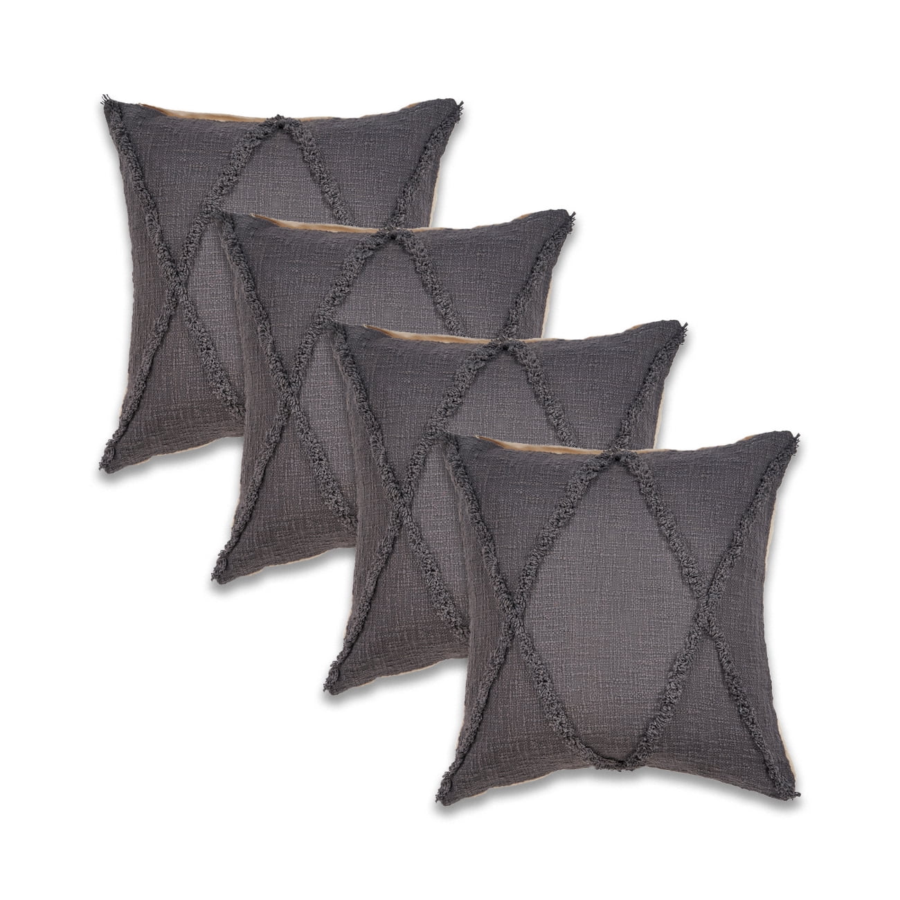Ox Bay Sara Set of 4 Shag Diamond 20" x 20" Dark Gray Cotton Adult Decorative Throw Pillows