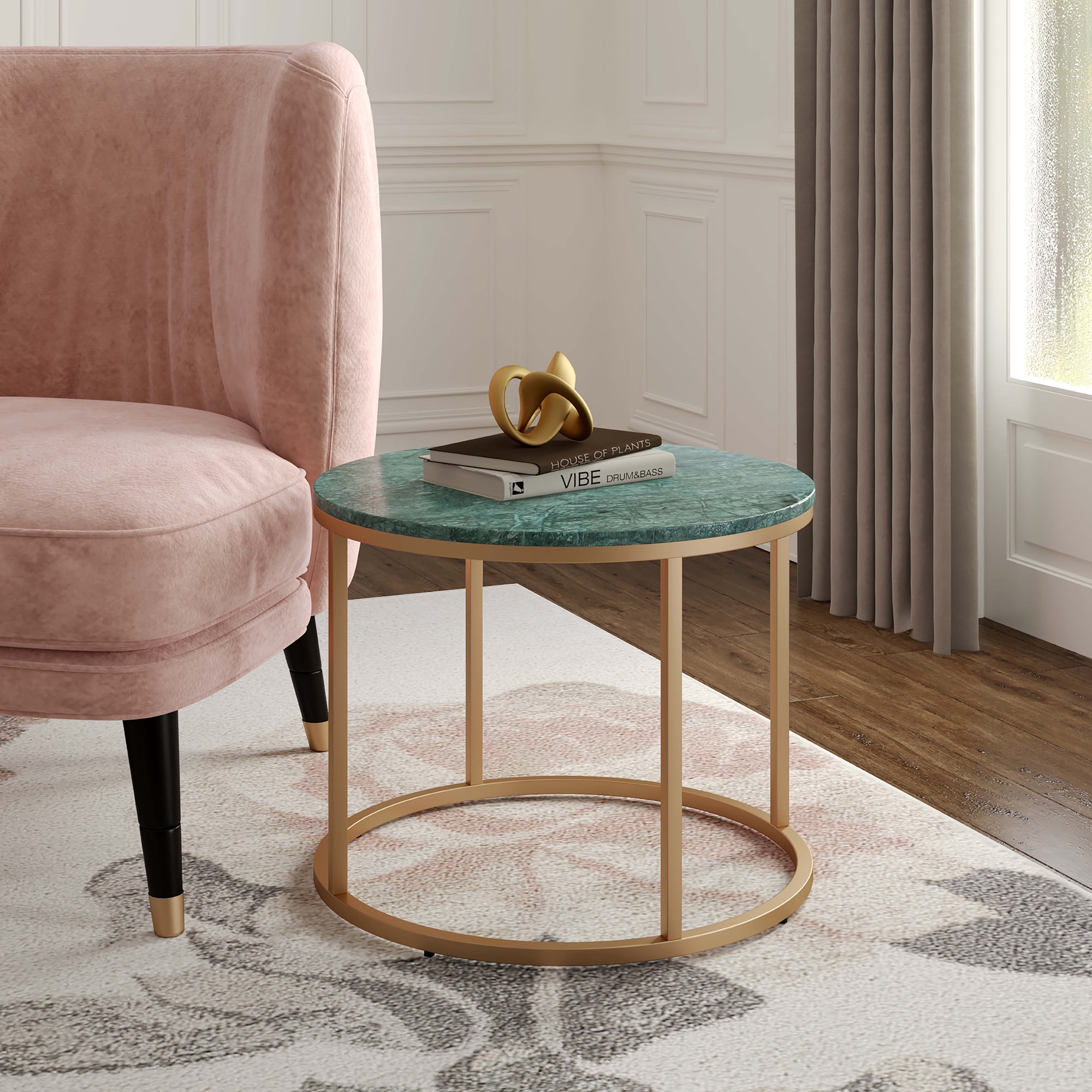 Ox Bay Savannah Round Side Table with Green Marble Top and Gold Base, Glam Style