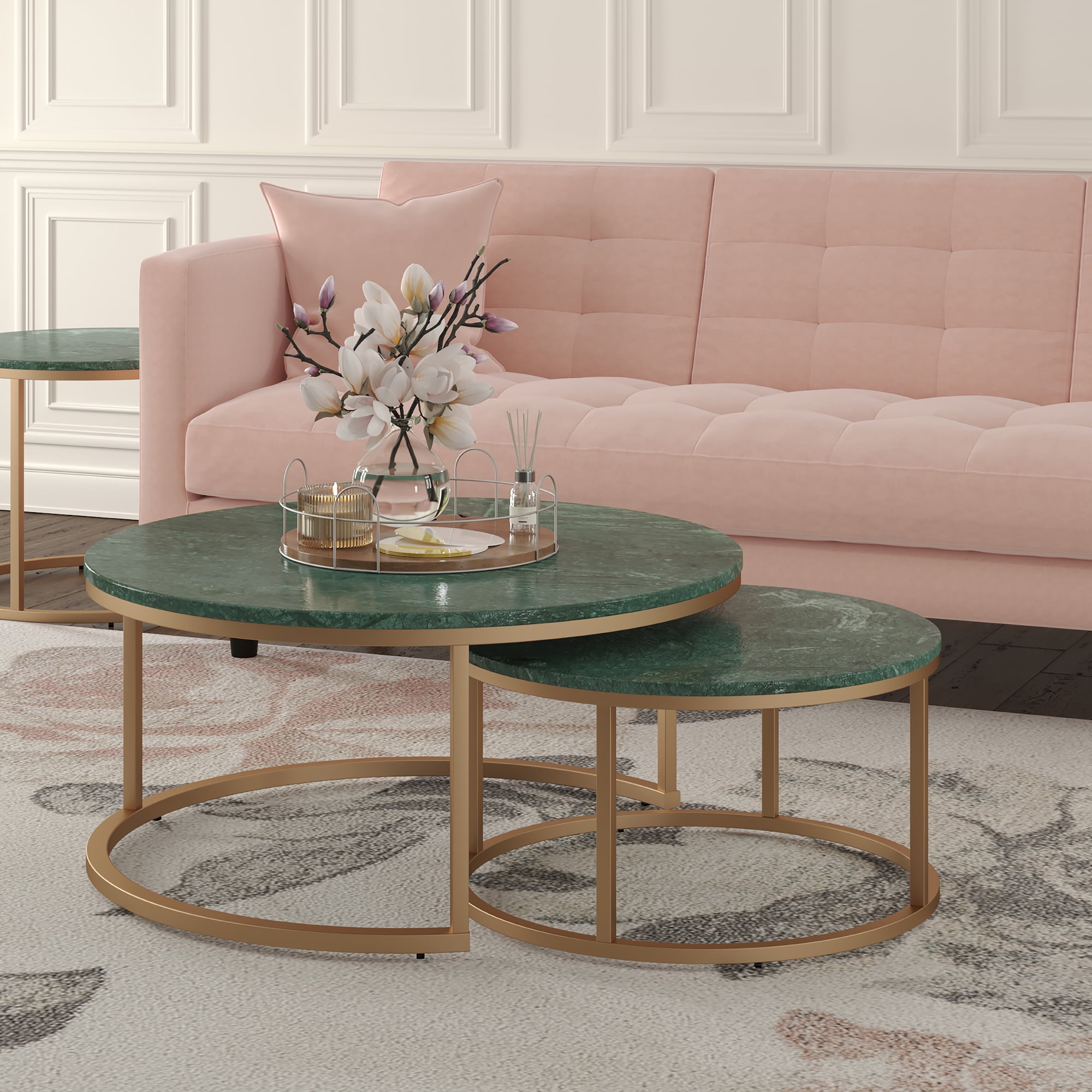 Ox Bay Savannah Set of 2 Nesting Coffee Tables, Round Green Marble Top with Gold Base, Indoor Glam Style