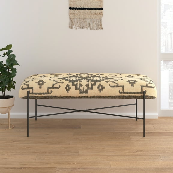 Ox Bay Scarlett 48" Southwestern Geometric Upholstered Accent Bench, Cream/Black