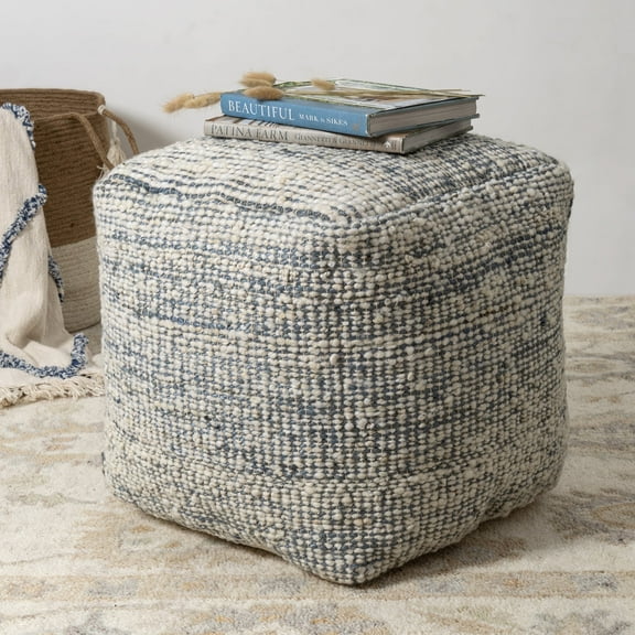 Ox Bay Shiela Square Ivory/Blue Distressed Indoor Pouf Ottoman, 18"H x 18"W
