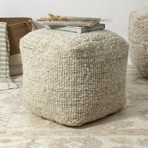 Ox Bay Shiela Square Ivory/Green Distressed Indoor Pouf Ottoman, 18"H x 18"W