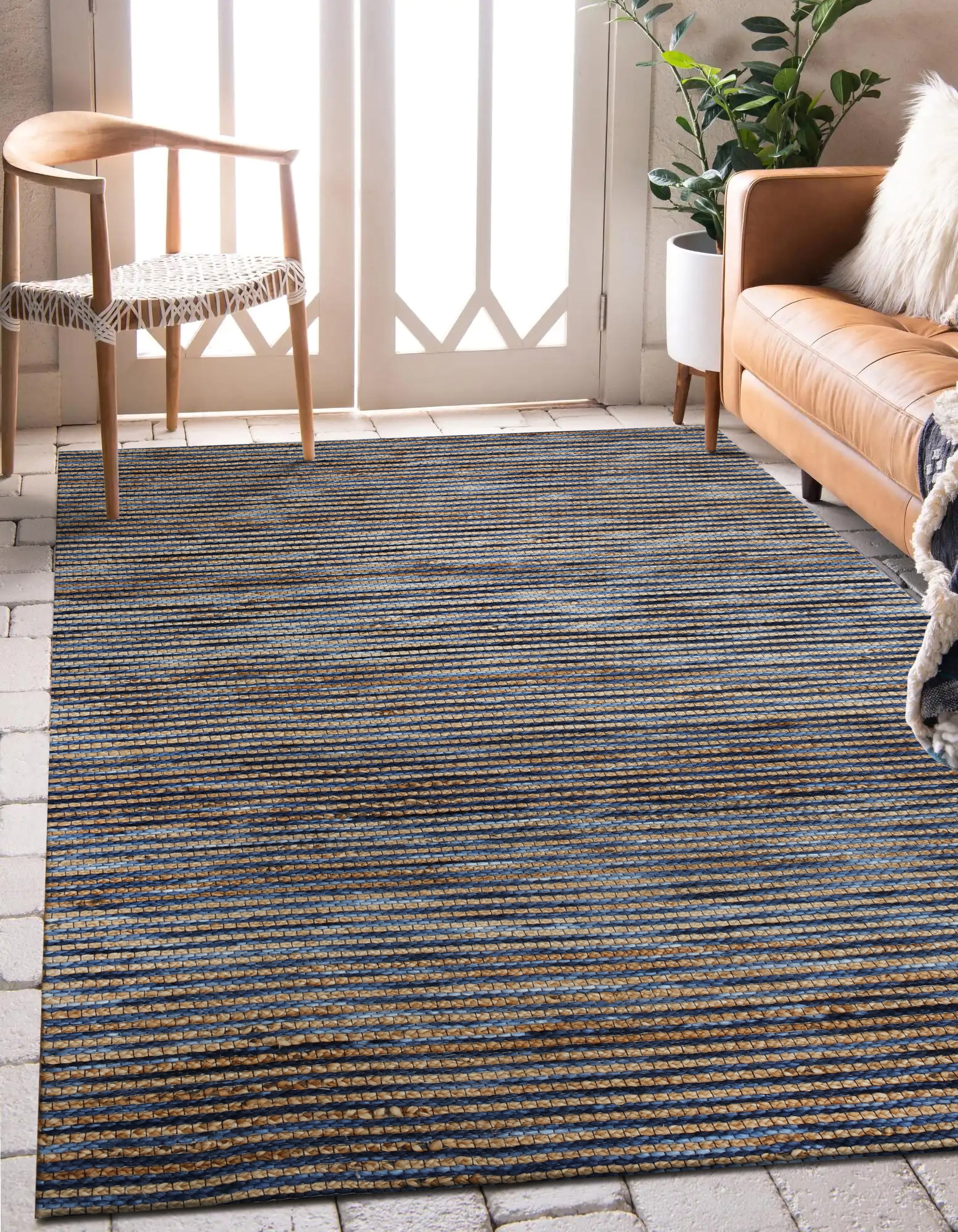 Ox Bay Shiela Striped Farmhouse Hand-Woven Jute Indoor Area Rug, Navy, 7'9" x 9'9"