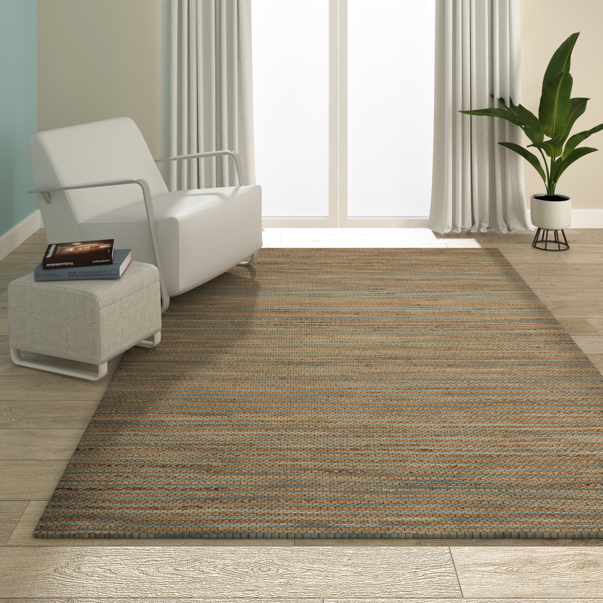 Ox Bay Shiela Striped Farmhouse Hand-Woven Jute Indoor Area Rug, Turquoise, 7'9" x 9'9"