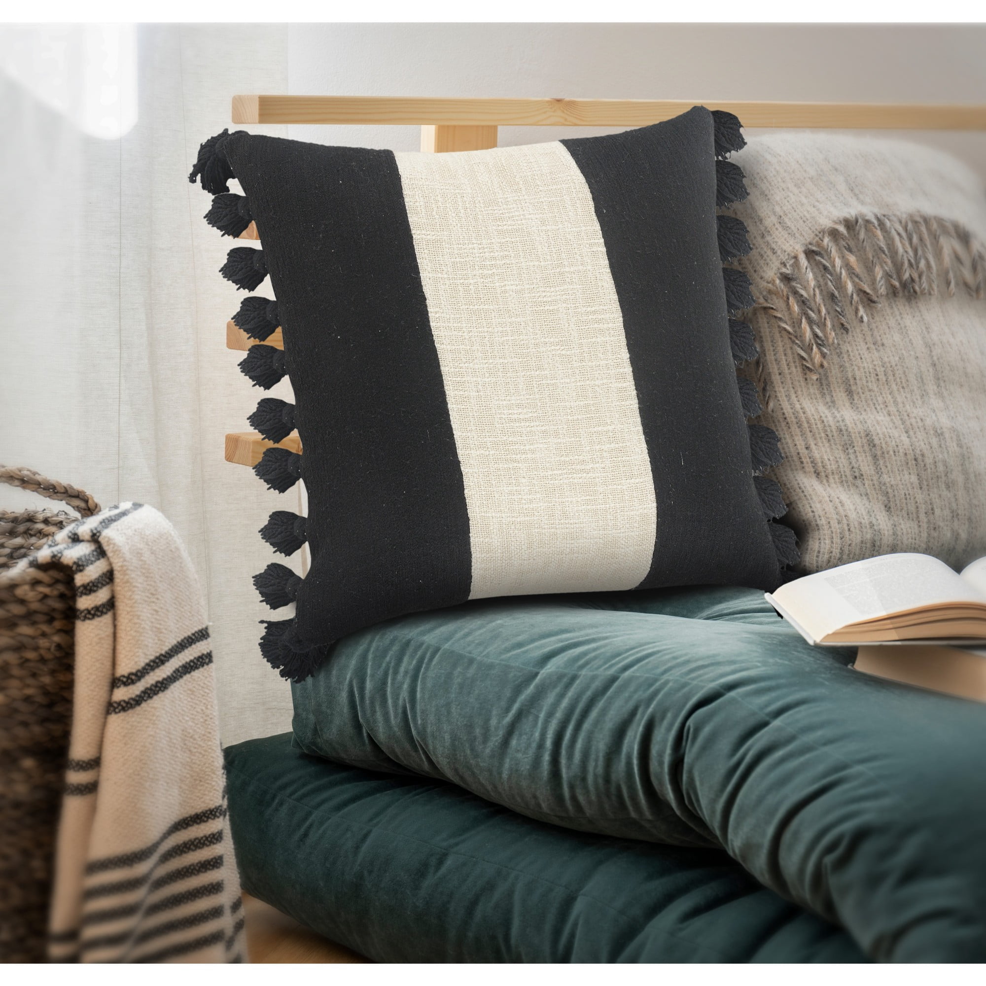 Laddha Home Designs Handwoven Broad Striped Cotton Throw Pillow Cover - 20" - White and Black