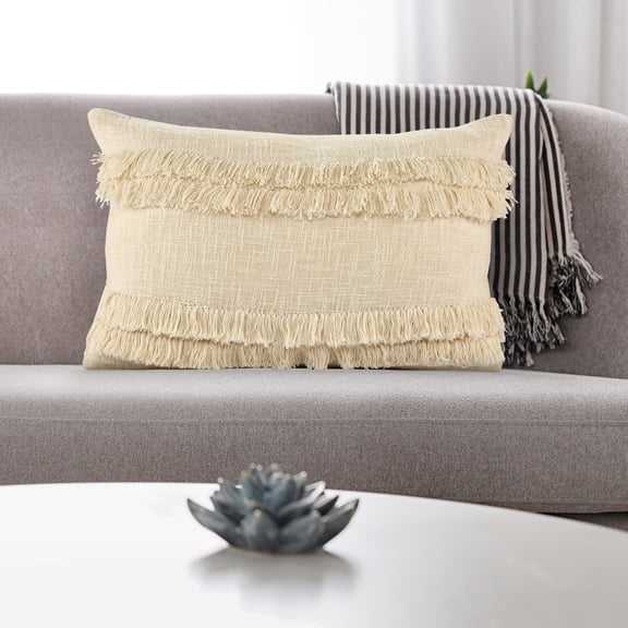 Ox Bay Sindy 14" x 20" Cream Shag Stripe Cotton Adult Decorative Lumbar Throw Pillow