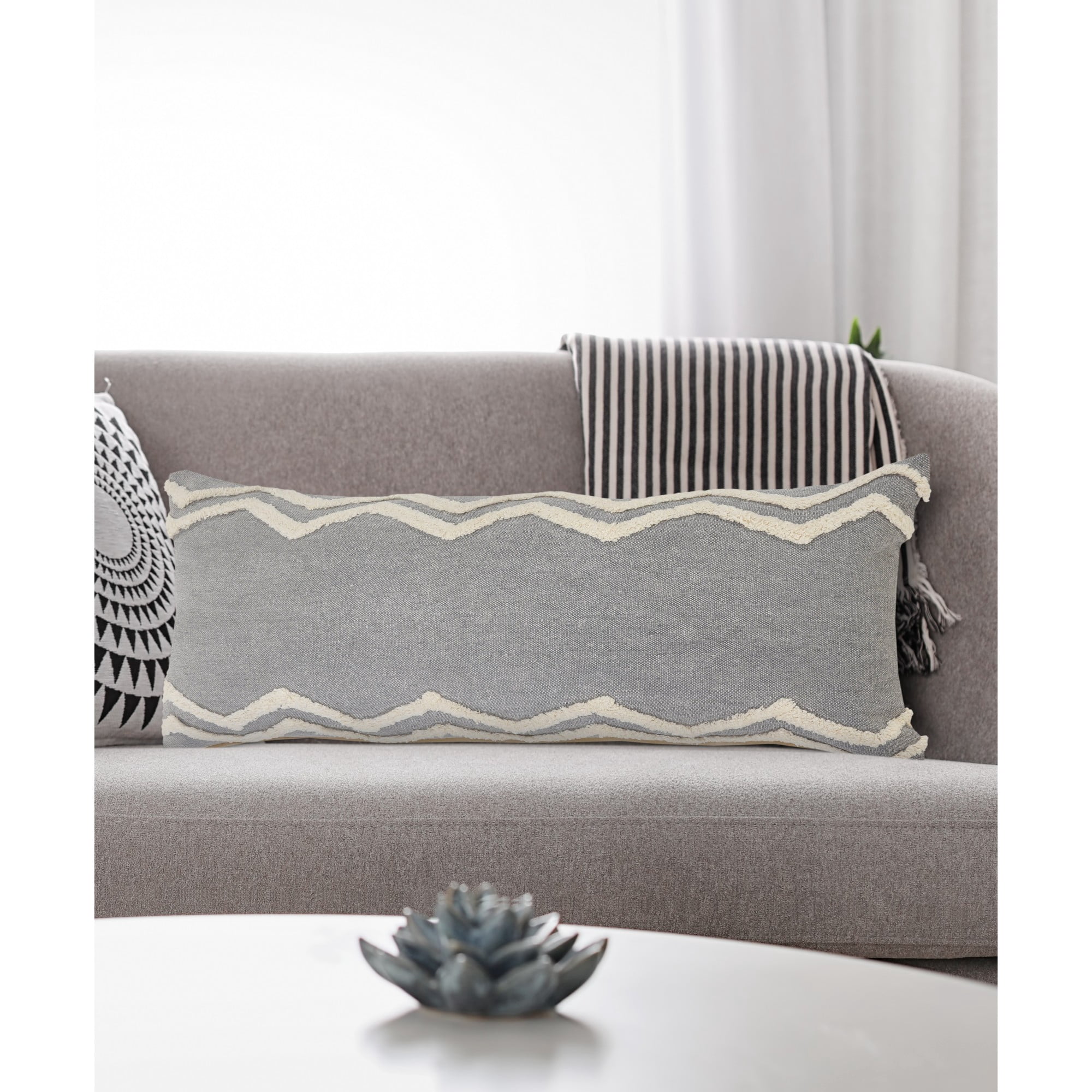 Laddha Home Designs Loomed Tufted Chevron Cotton Lumbar Pillow Cover - 36" - Gray and Cream