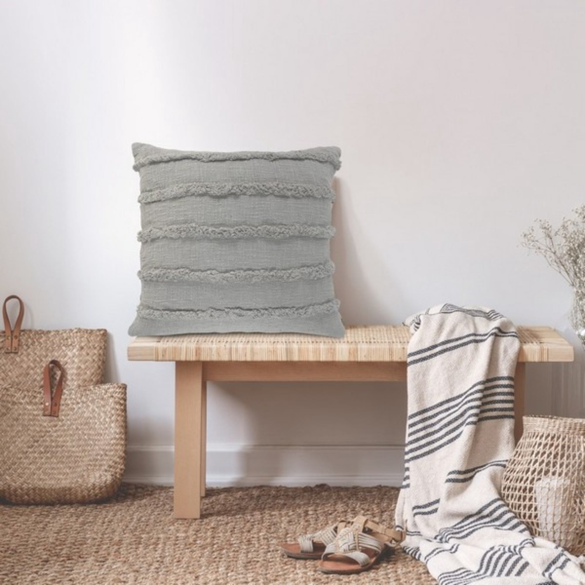 Laddha Home Designs Loomed Over Tufted Striped Cotton Throw Pillow Cover - 20" - Gray