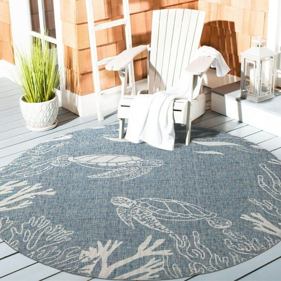 Ox Bay Sophie 5'3" Round Aqua Sea Turtle Coral Reef Indoor/Outdoor Area Rug