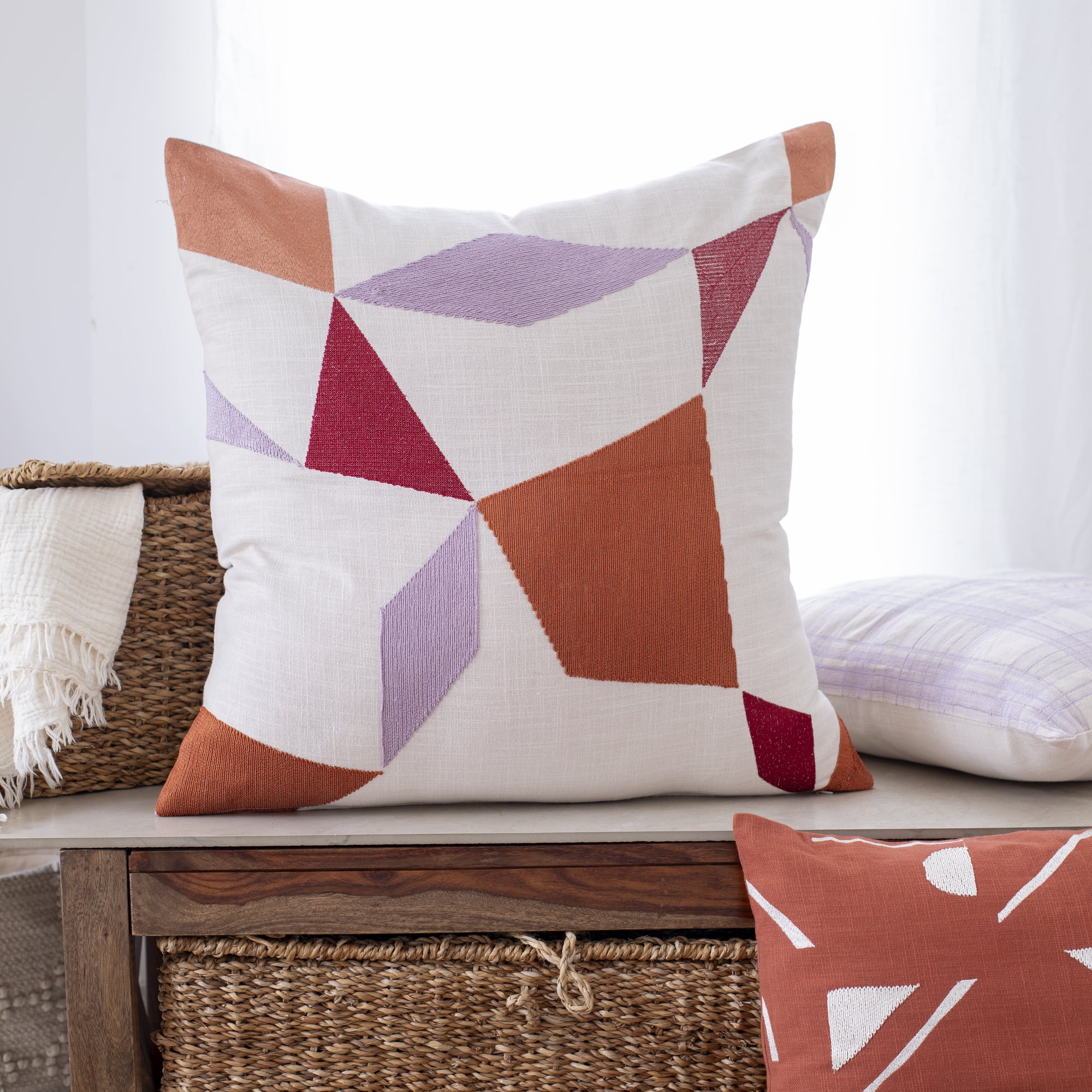 Ox Bay Stacy Garcia 20" x 20" Ivory/Orange Embroidered Geometric Adult Decorative Throw Pillow Cover